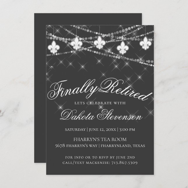 Charcoal Grey Fleur de Lis Lights | Retirement Invitation (Front/Back)