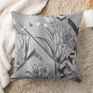 Charcoal Grey Floral Engraving and Zigzag Cushion