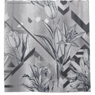 Charcoal Grey Floral Engraving and Zigzag  Shower Curtain