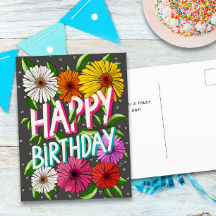 Charcoal Grey Floral Personalised Happy Birthday Postcard