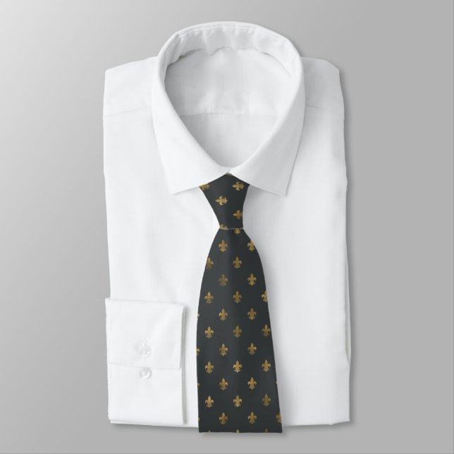 Charcoal Grey & Gold Fleur de Lis Men's Tie (Tied)