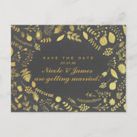Charcoal Grey & Gold Floral Save The Date Postcard