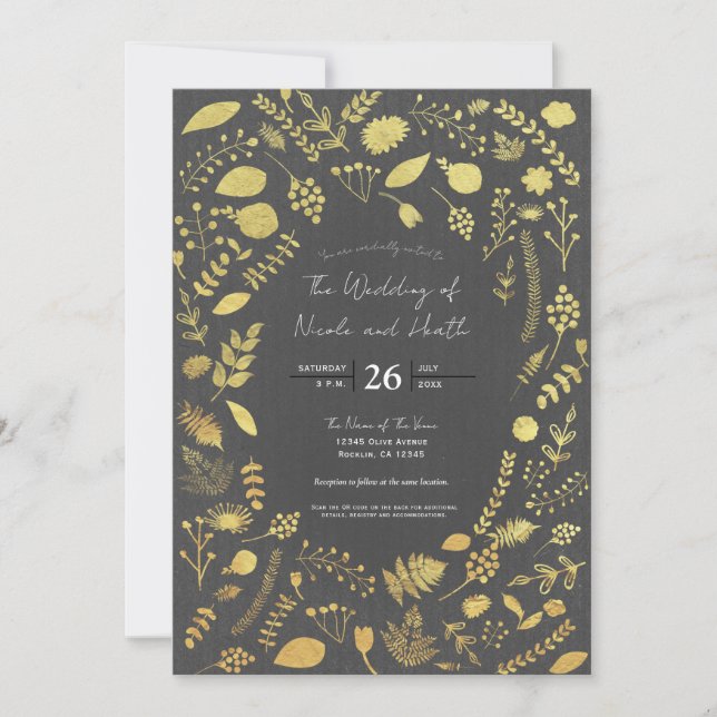 Charcoal Grey & Gold Floral Wedding Invitations (Front)