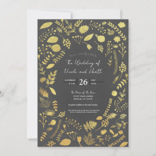 Charcoal Grey & Gold Floral Wedding Invitations
