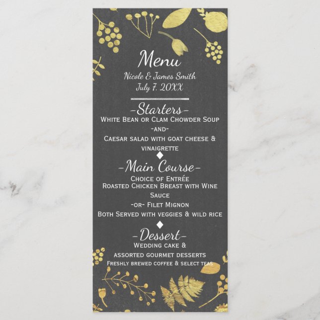 Charcoal Grey & Gold Floral Wedding Menu Card (Front)