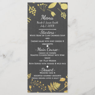 Charcoal Grey & Gold Floral Wedding Menu Card