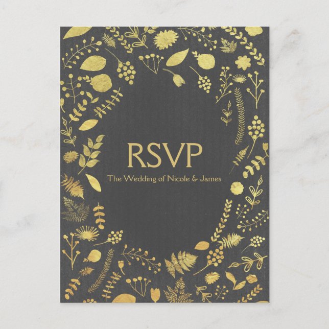Charcoal Grey & Gold Floral Wedding RSVP Card (Front)