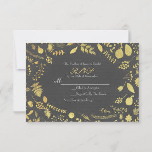 Charcoal Grey & Gold Floral Wedding RSVP card