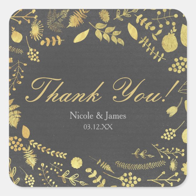 Charcoal Grey & Gold Floral Wedding Stickers (Front)