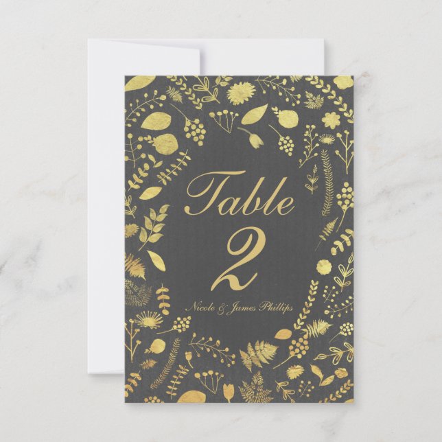 Charcoal Grey & Gold Floral Wedding Table Card (Front)