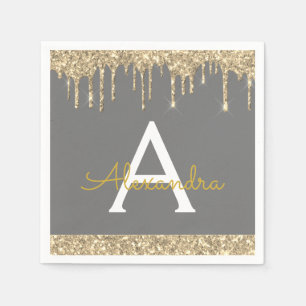 Charcoal Grey Gold Glitter Black Monogram Birthday Napkin