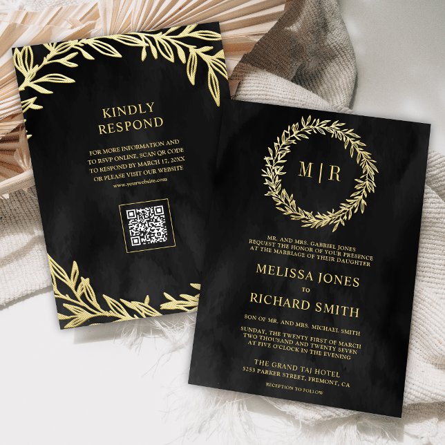 Charcoal Grey Gold Leaf Branch QR Code Wedding Invitation (Creator Uploaded)
