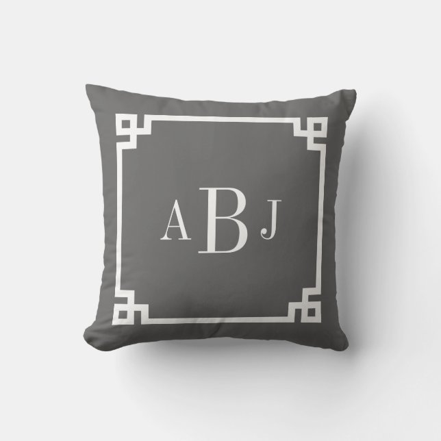 Charcoal Grey Greek Key Border Custom Monogram Cushion (Front)