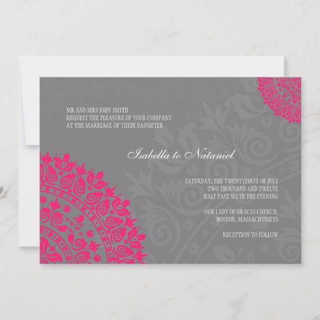 Charcoal Grey & Hot Pink Damask Wedding Invitation (Front)