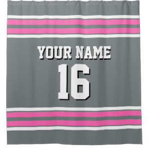 Charcoal Grey Hot Pink White Stripes Sports Jersey Shower Curtain