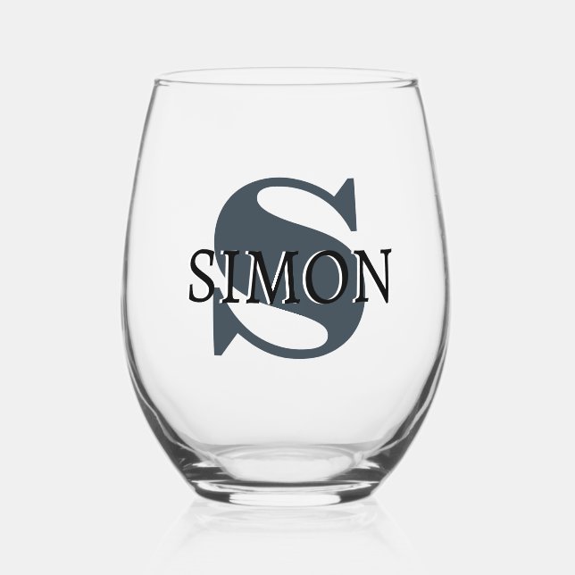 Charcoal Grey Initial and Black Name | Modern  Stemless Wine Glass (Front)