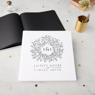 Charcoal grey leaves monogram art wedding guest book