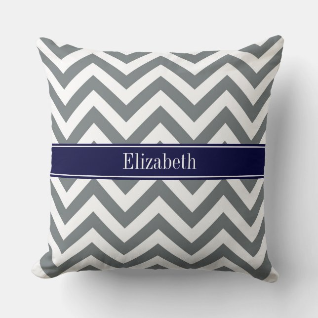 Charcoal Grey Lg Chevron Navy Blue Name Monogram Cushion (Front)