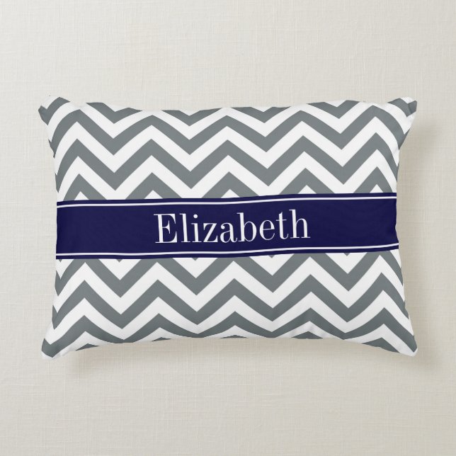 Charcoal Grey Lg Chevron Navy Blue Name Monogram Decorative Cushion (Front)