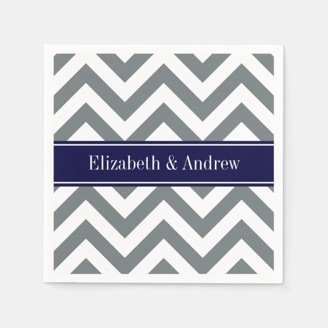 Charcoal Grey Lg Chevron Navy Blue Name Monogram Napkin (Front)