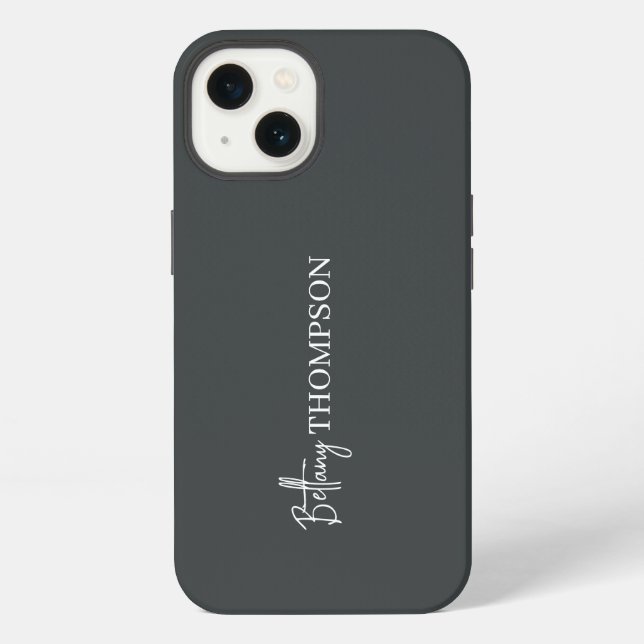 Charcoal Grey Minimalist Vertical Script Monogram iPhone Case (Back)