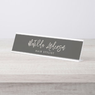 Charcoal grey modern minimal elegant script desk name plate