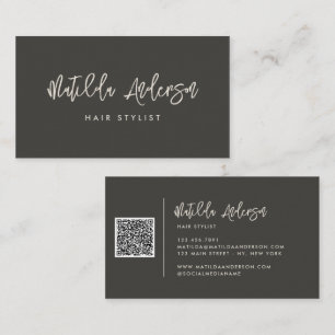 Charcoal grey modern minimal script QR CODE Business Card