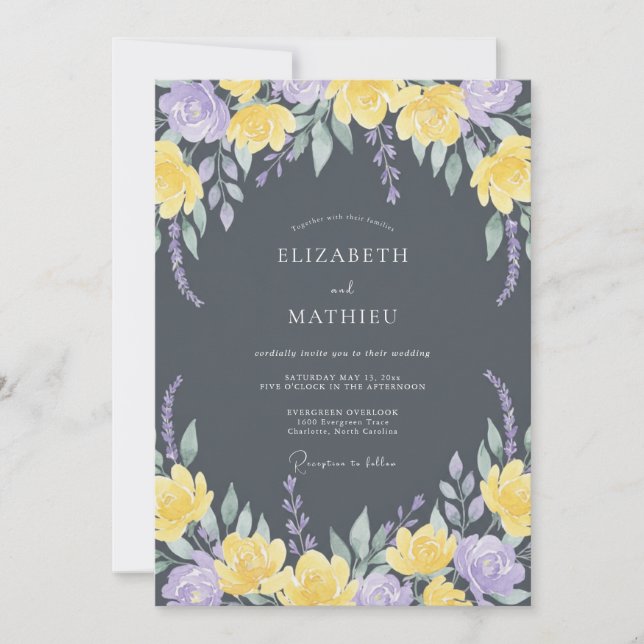 Charcoal Grey Moody Botanical Wedding Invitation (Front)