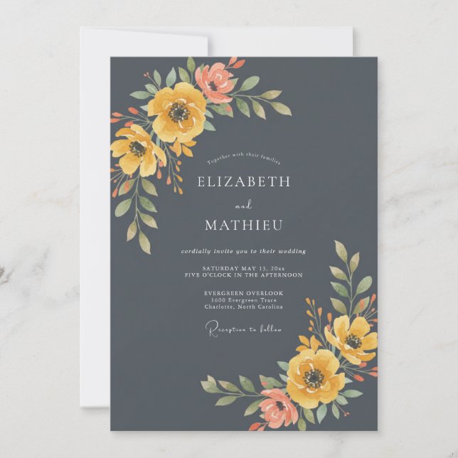 Charcoal Grey Moody Floral Wedding Invitation (Front)