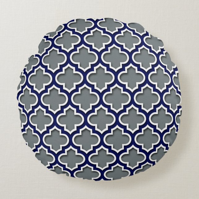 Charcoal Grey Navy White Moroccan Quatrefoil #5DS Round Cushion (Front)