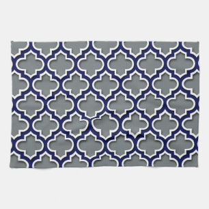 Charcoal Grey Navy White Moroccan Quatrefoil #5DS Tea Towel