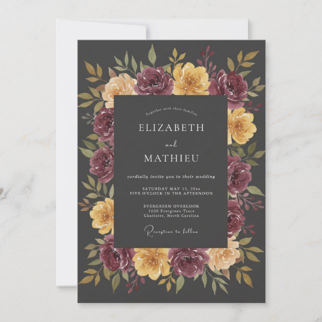 Charcoal Grey Ornate Autumn Wedding Invitation (Front)