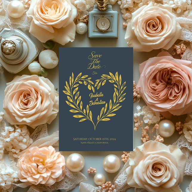 Charcoal Grey & Pale Gold Heart Save the Date Invitation (Creator Uploaded)