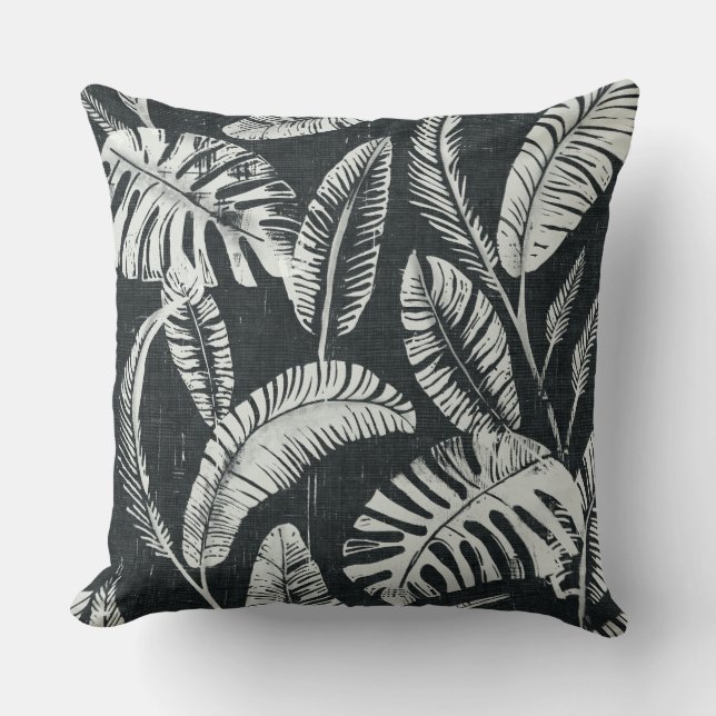 Charcoal Grey Palm Leaves Throw Pillow (Front)