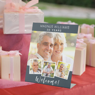 Charcoal grey photo collage birthday party welcome pedestal sign