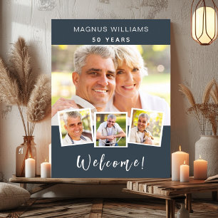 Charcoal grey photo collage birthday party welcome poster