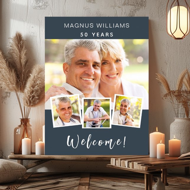 Charcoal grey photo collage birthday party welcome poster (Creator Uploaded)