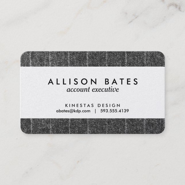 Charcoal Grey Pinstripe Tweed Slate Black Fabric Business Card (Front)