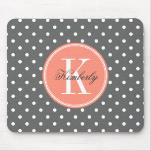 Charcoal Grey Polka Dot with Coral Monogram Mouse Pad