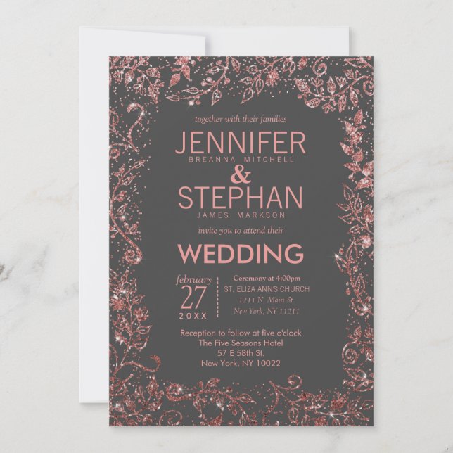 Charcoal Grey Rose Gold Floral Glitter Wedding Invitation (Front)
