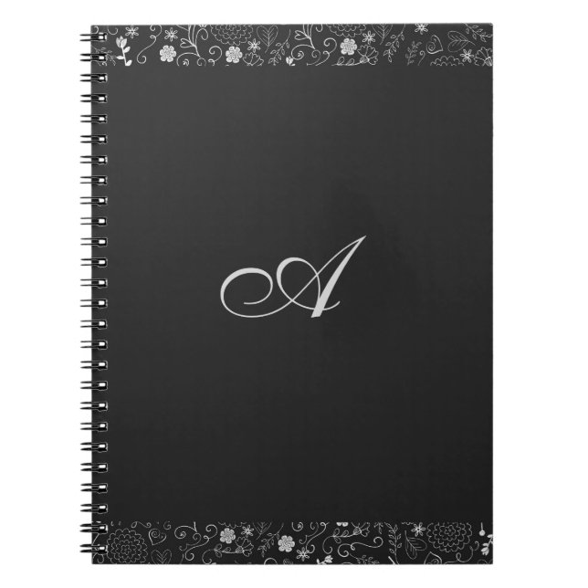 Charcoal Grey & Silver Elegant Rustic Floral Foil Spiral Notebook (Front)