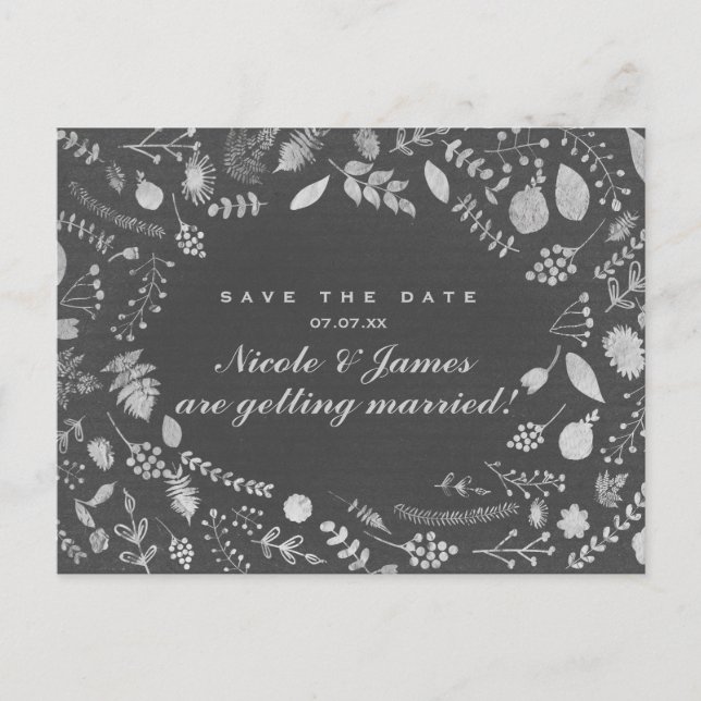 Charcoal Grey Silver Floral Save The Date Postcard (Front)