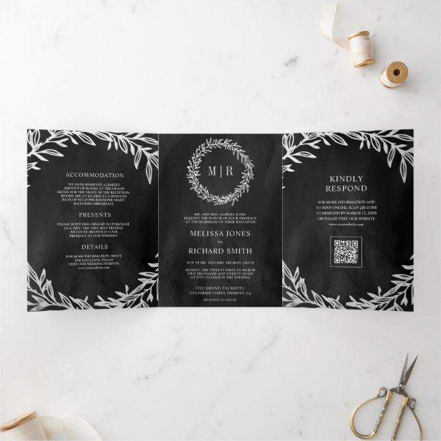 Charcoal Grey Silver Leaf Branch QR Code Wedding Tri-Fold Invitation (Inside)