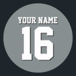 Charcoal Grey Sports Jersey Team Jersey Classic Round Sticker<br><div class="desc">Charcoal Grey Team Jersey / Sports Jersey / Football Jersey Customise this with your own name or team name and a number. You can change the size, colour and placement of the text if you need to make changes, remove the text shadow, add text and / or images of your...</div>