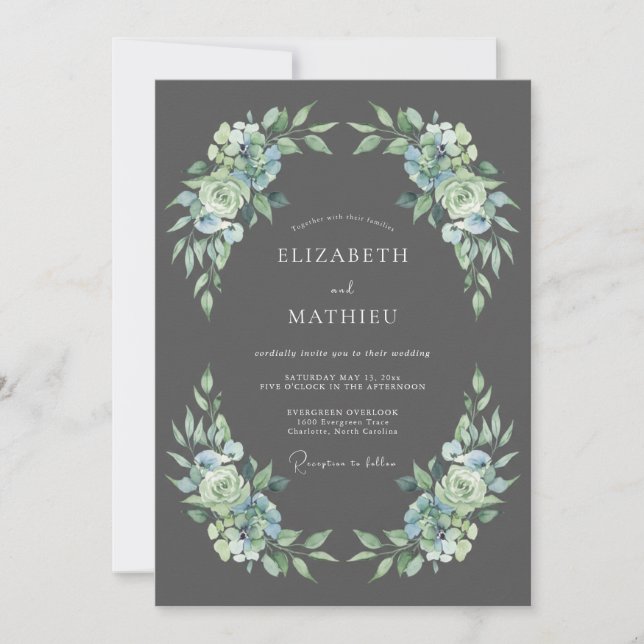 Charcoal Grey Stately Botanical Wedding Invitation (Front)