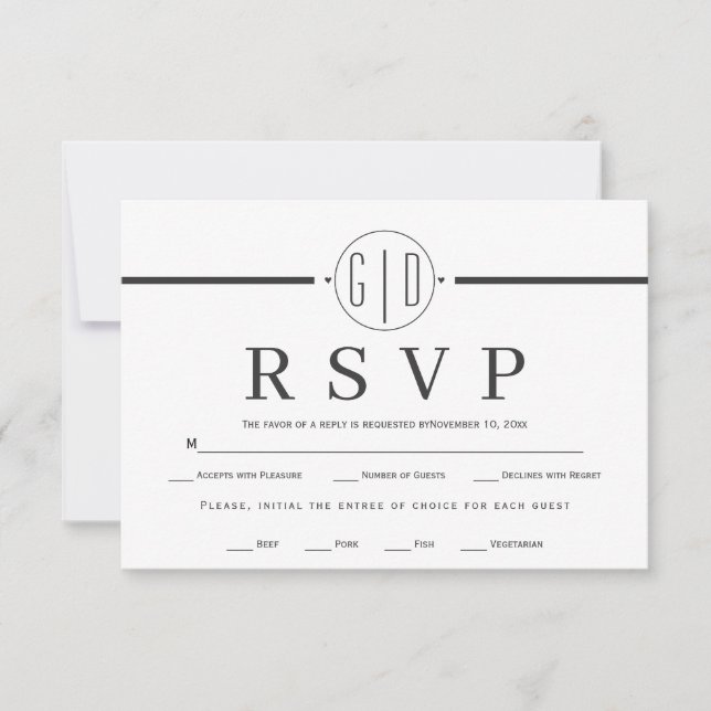 Charcoal grey stripe and initials formal wedding RSVP card (Front)