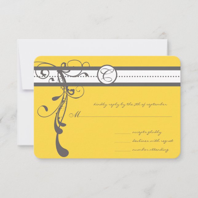 Charcoal Grey Swirls Bight Yellow Wedding RSVP (Front)