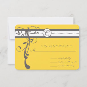Charcoal Grey Swirls Bight Yellow Wedding RSVP Card