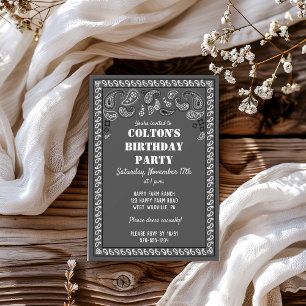 Charcoal Grey Western Bandanna Print Birthday Part Invitation