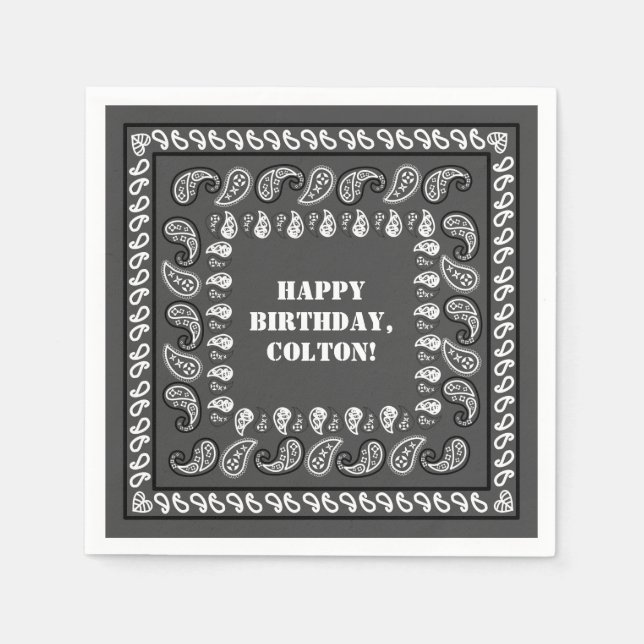 Charcoal Grey Western Bandanna Print Birthday Part Napkin (Front)
